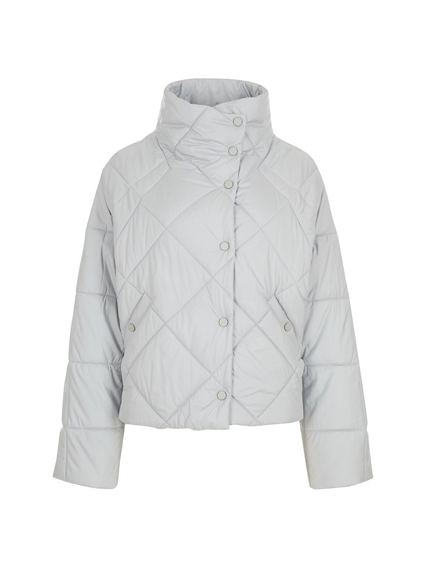 Front view of a light blue puffer jacket with a high collar and button closure, displayed on a plain white background.