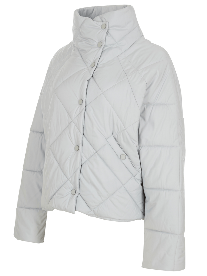 Light blue puffer jacket with a high collar and button closure, displayed on a plain white background.