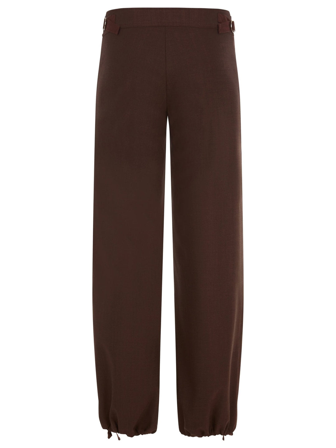 Back view of brown wide-leg pants with ankle drawstrings and a button closure, displayed on a white background.