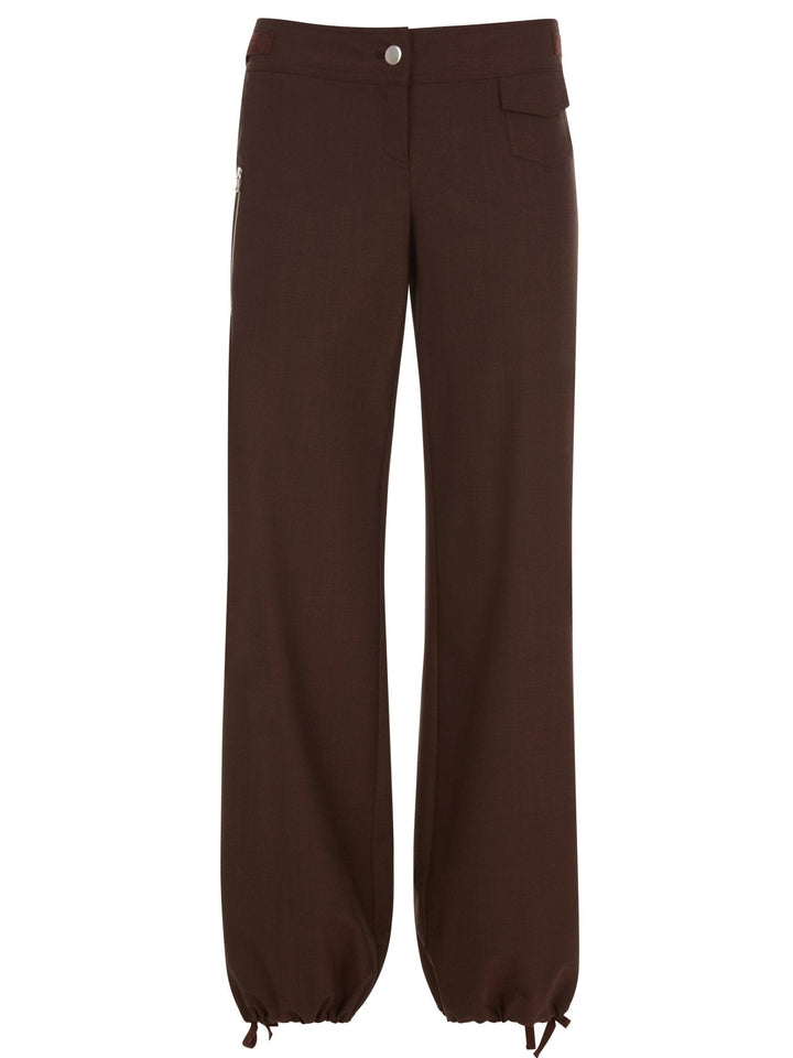 Brown wide-leg pants with ankle drawstrings and a button closure, displayed on a white background.