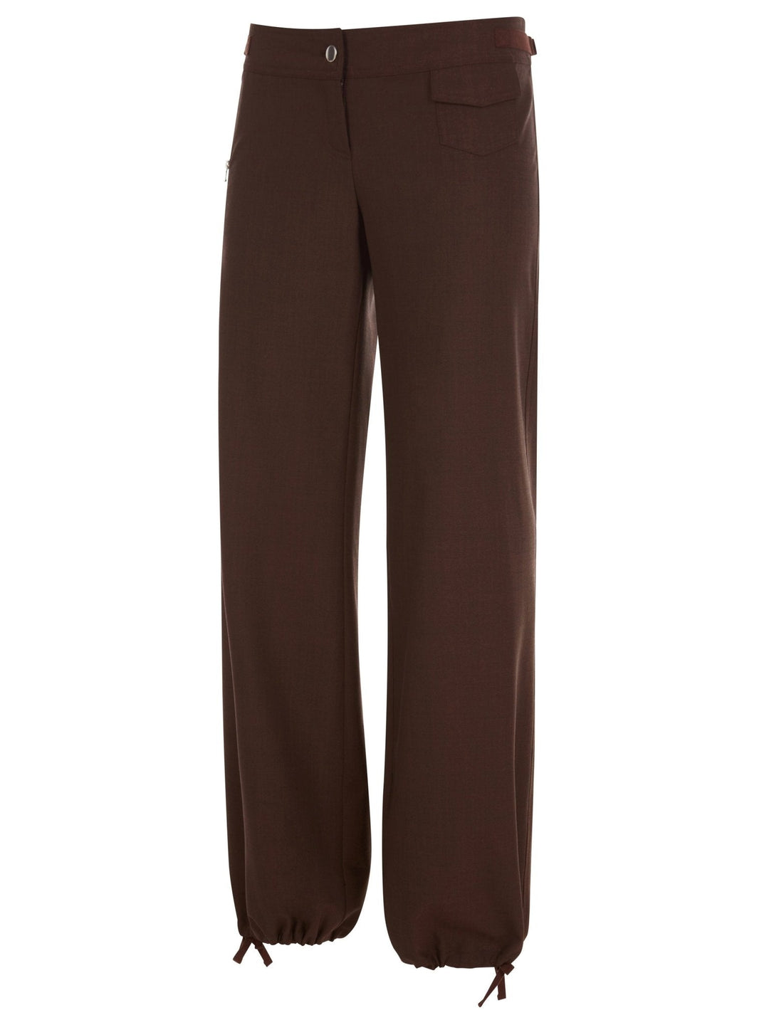 Side view of brown wide-leg pants with ankle drawstrings and a button closure, displayed on a white background.