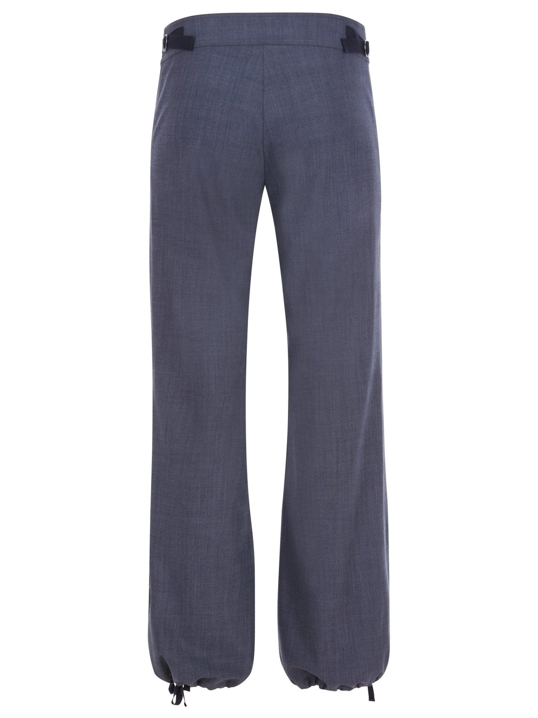 Back view of blue relaxed-fit pants with a button closure, drawstring-adjustable ankle cuffs, and a utility pocket detail on the upper side displayed on a white background.