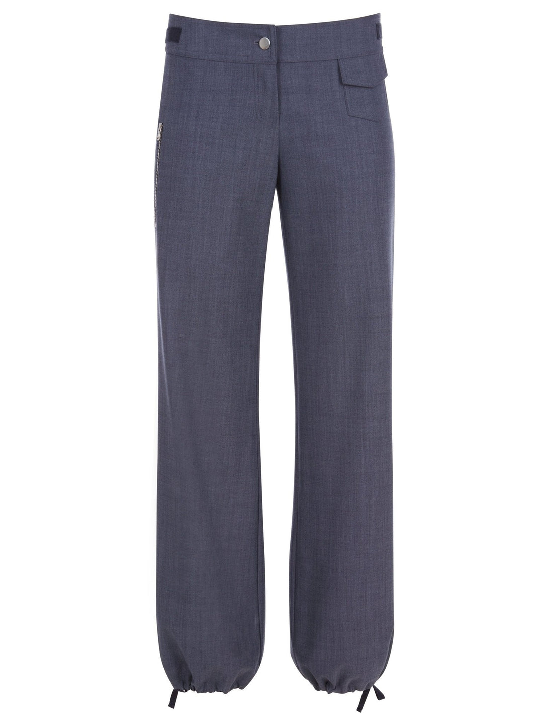 Front view of blue relaxed-fit pants with a button closure, drawstring-adjustable ankle cuffs, and a utility pocket detail on the upper side displayed on a white background.