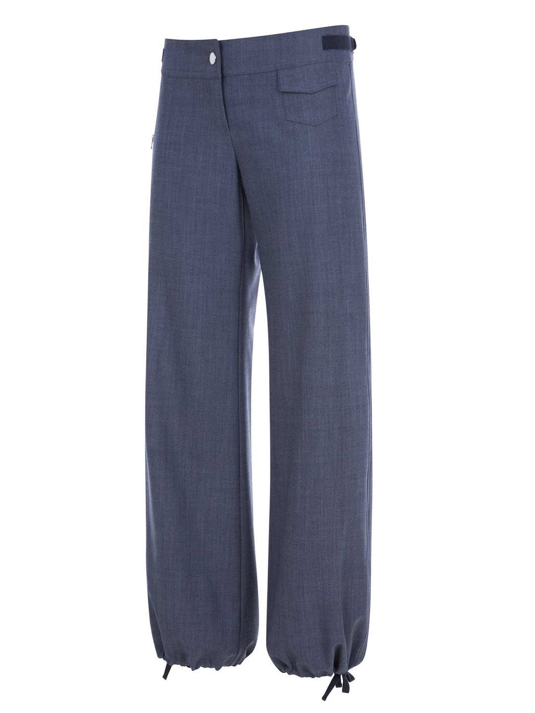 Blue relaxed-fit pants with a button closure, drawstring-adjustable ankle cuffs, and a utility pocket detail on the upper side displayed on a white background.