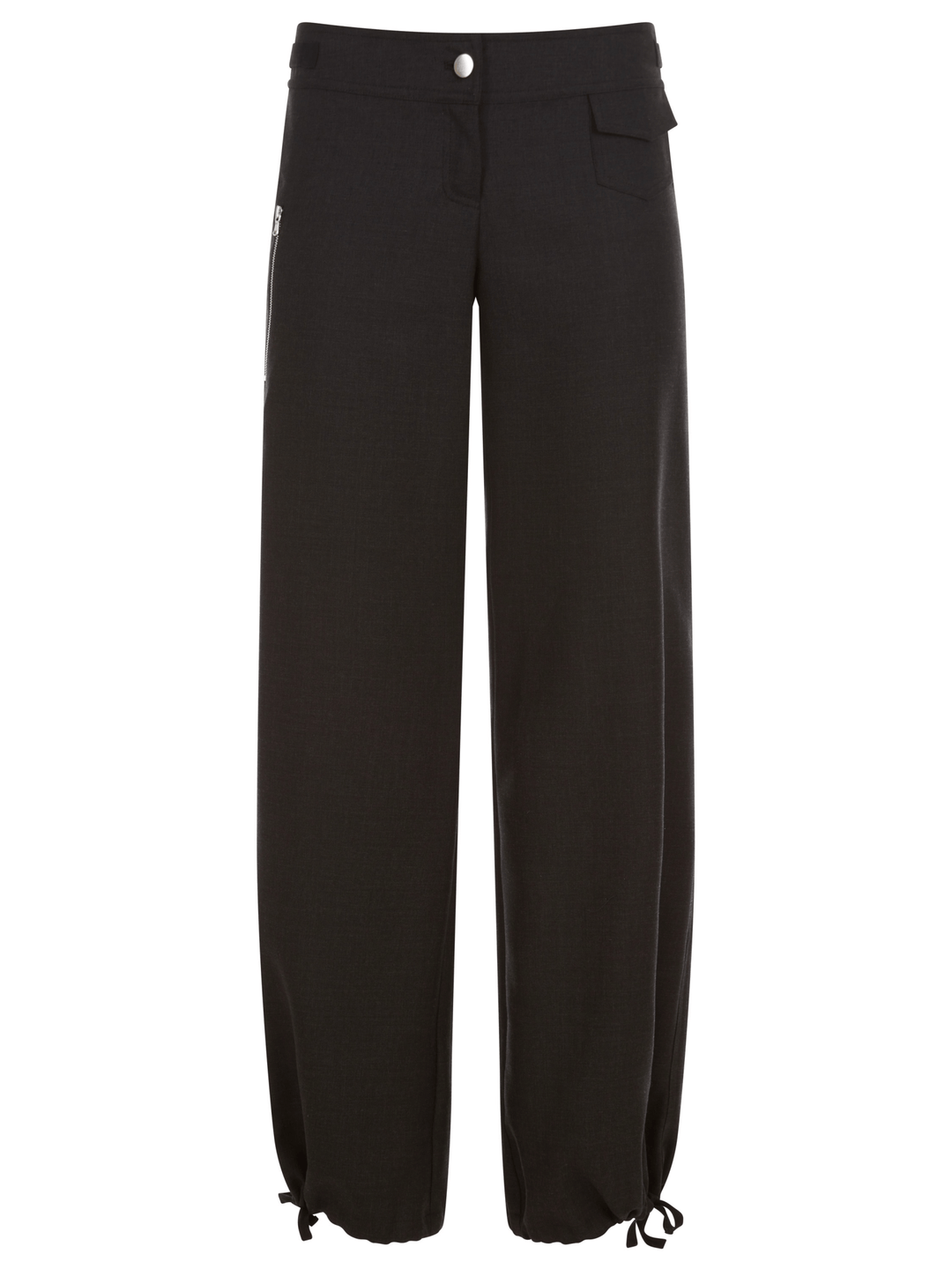 Front view of black wide-leg pants with adjustable drawstring hem, displayed on a white background.