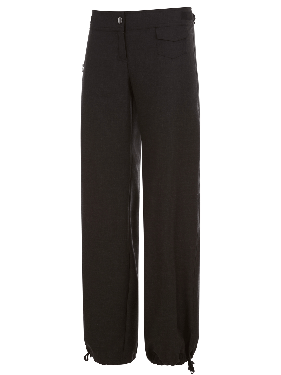 Black wide-leg pants with adjustable drawstring hem, displayed on a white background.