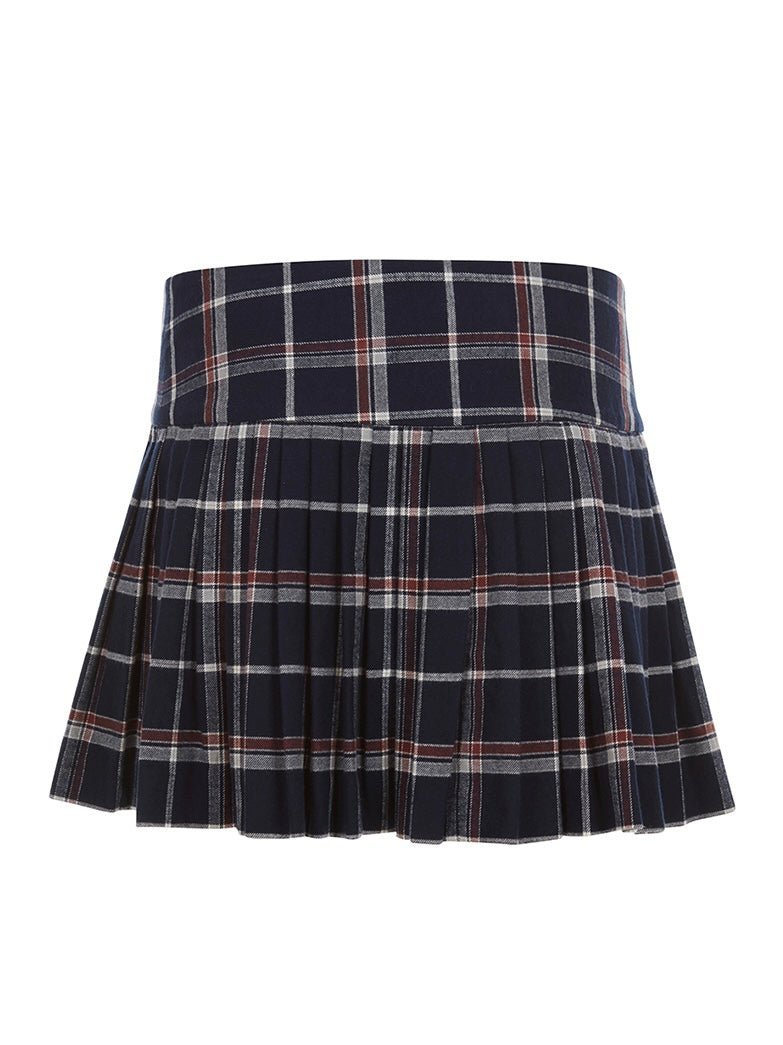 Back view of a navy blue plaid pleated mini skirt with red and white accents, displayed on a white background.