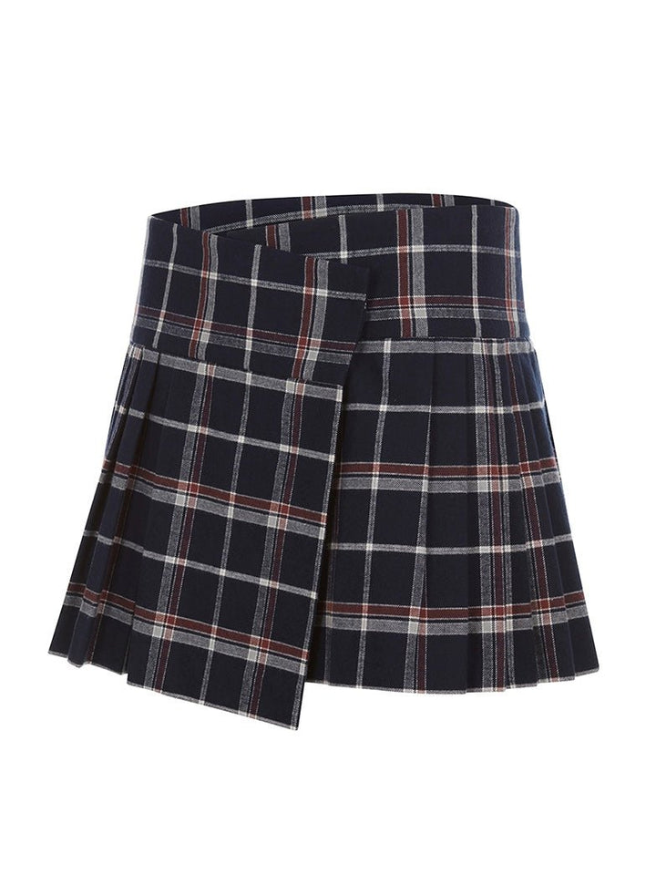 Navy blue plaid pleated mini skirt with red and white accents, displayed on a white background.