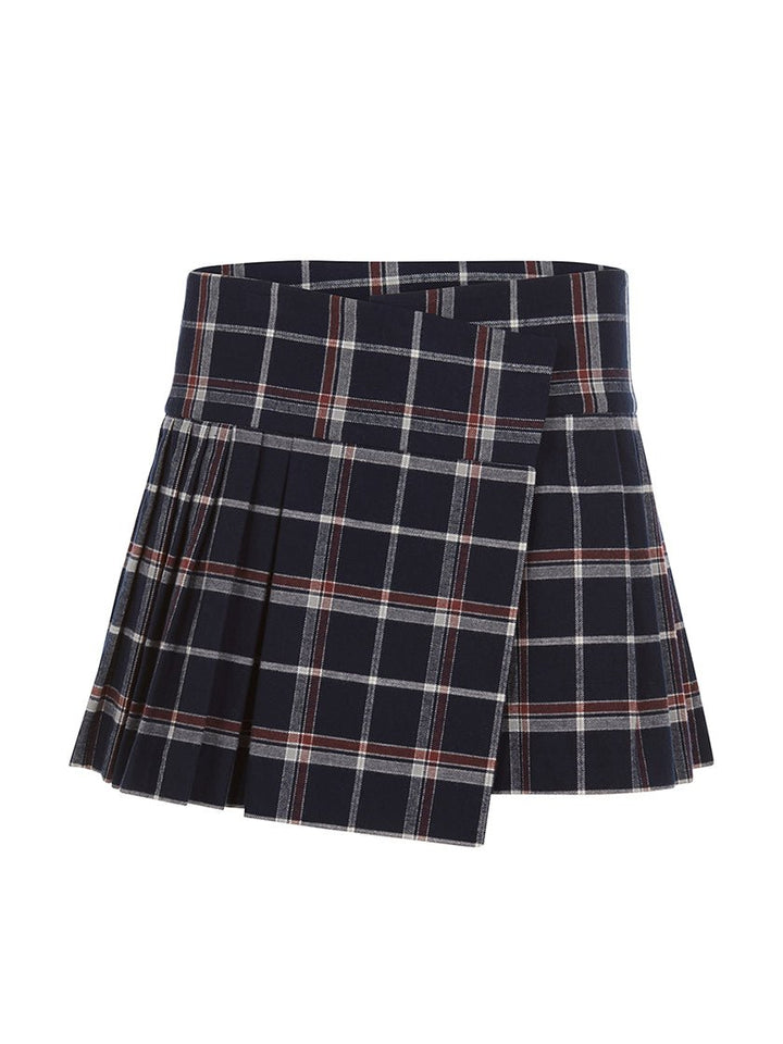 Front view of a navy blue plaid pleated mini skirt with red and white accents, displayed on a white background.