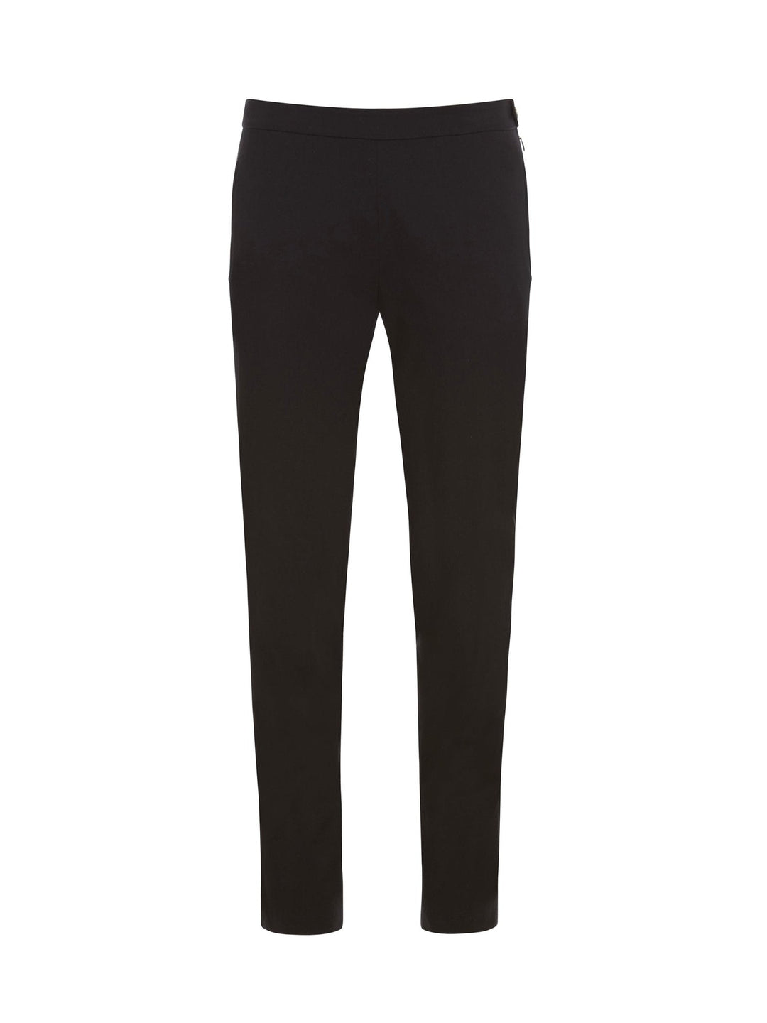 Front view of black slim-fit pants on a plain white background.