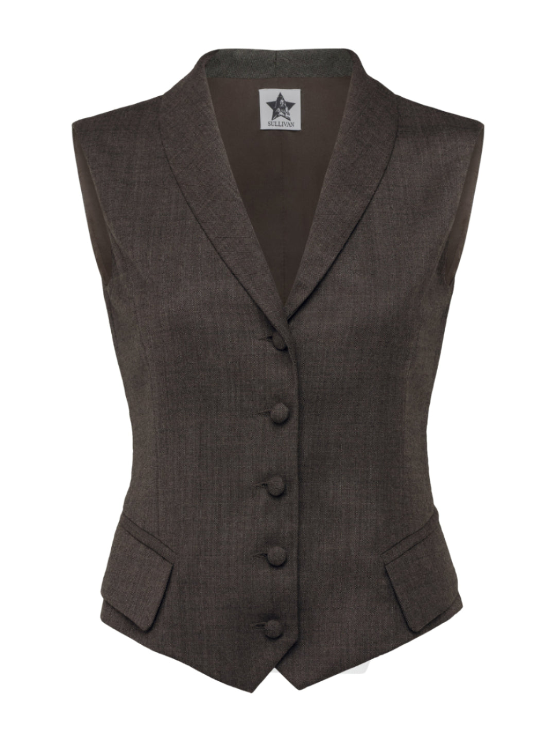 Brown-grey vest with fabric covered buttons on a grey background