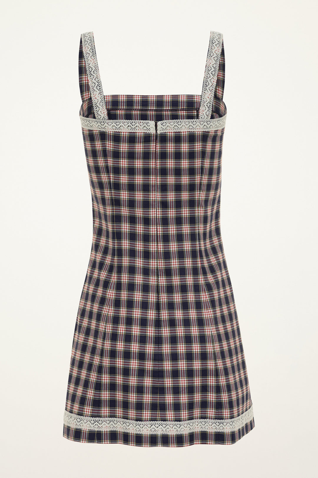 Red and navy plaid check dress with cream lace trim on a grey background