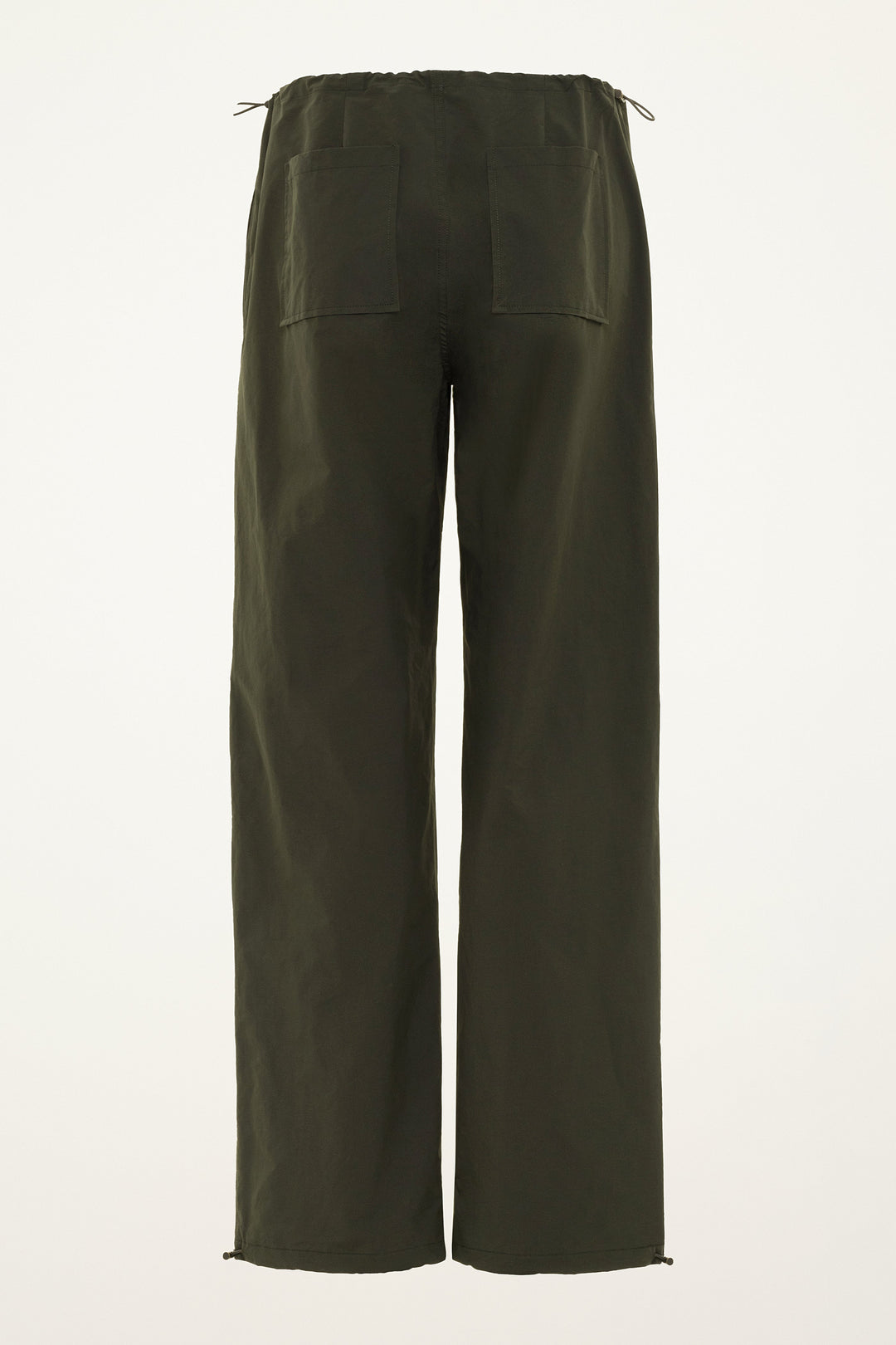Dark green pants with a drawstring waist and big back pockets on a grey background