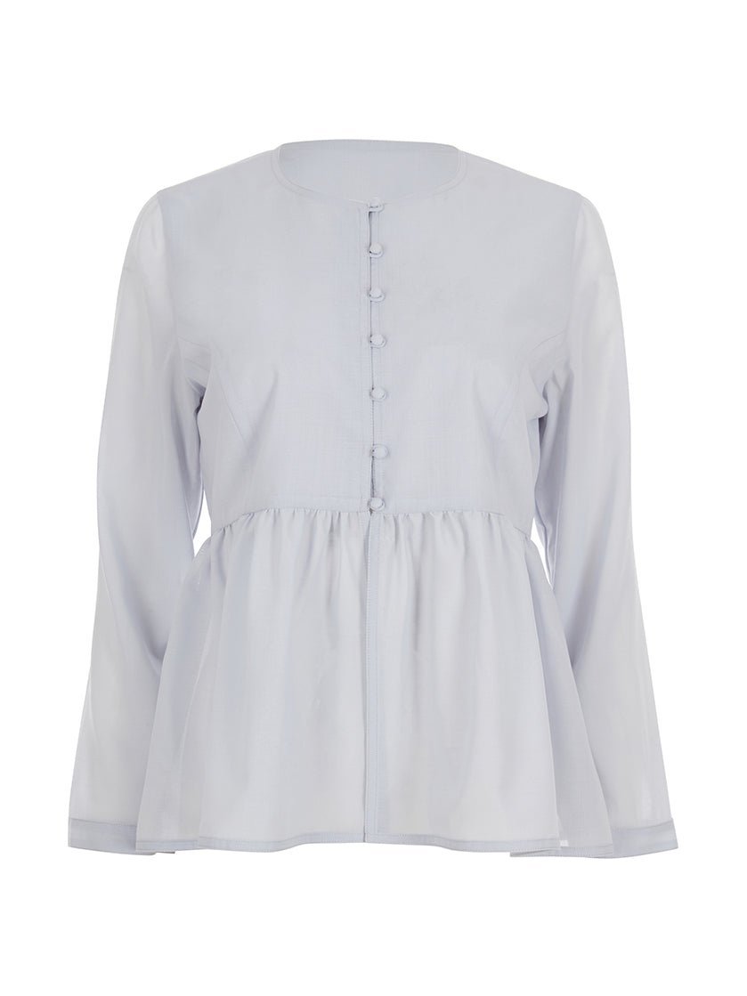 ​​Front view of light blue long-sleeve button-up blouse with a gathered waist, displayed on a plain white background.