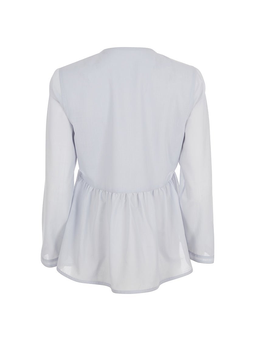 Back view of light blue long-sleeve button-up blouse with a gathered waist, displayed on a plain white background.