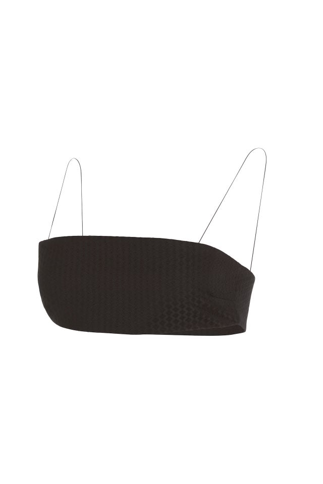 Black bandeau top with thin shoulder straps, displayed on a plain white background.