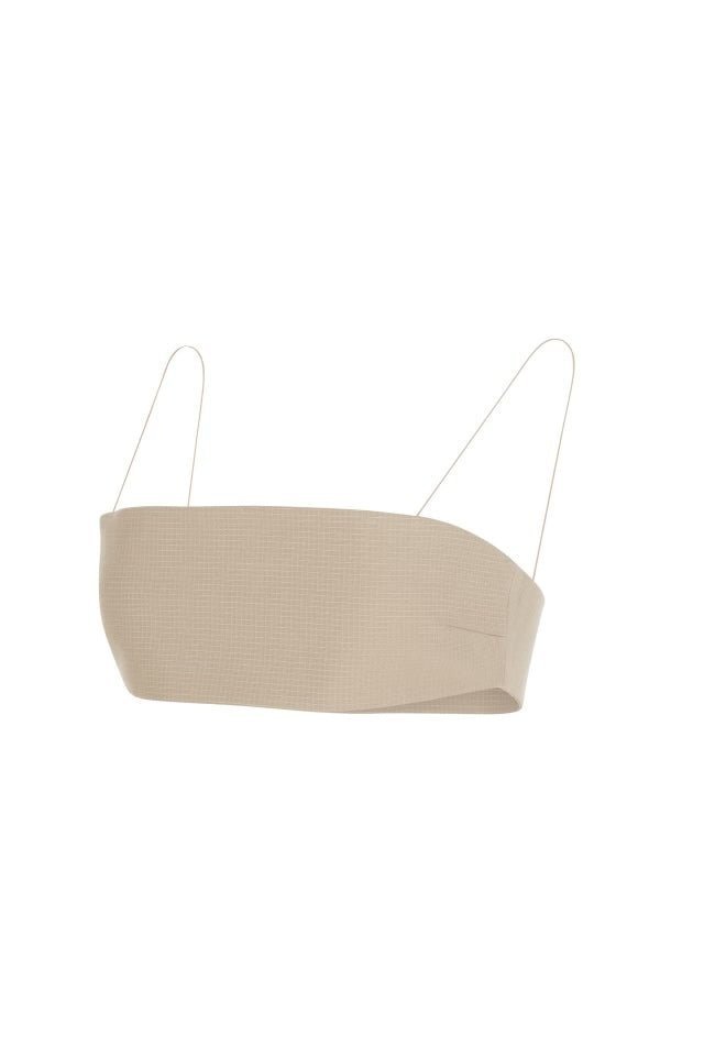 Khaki bandeau top with thin shoulder straps, displayed on a plain white background.