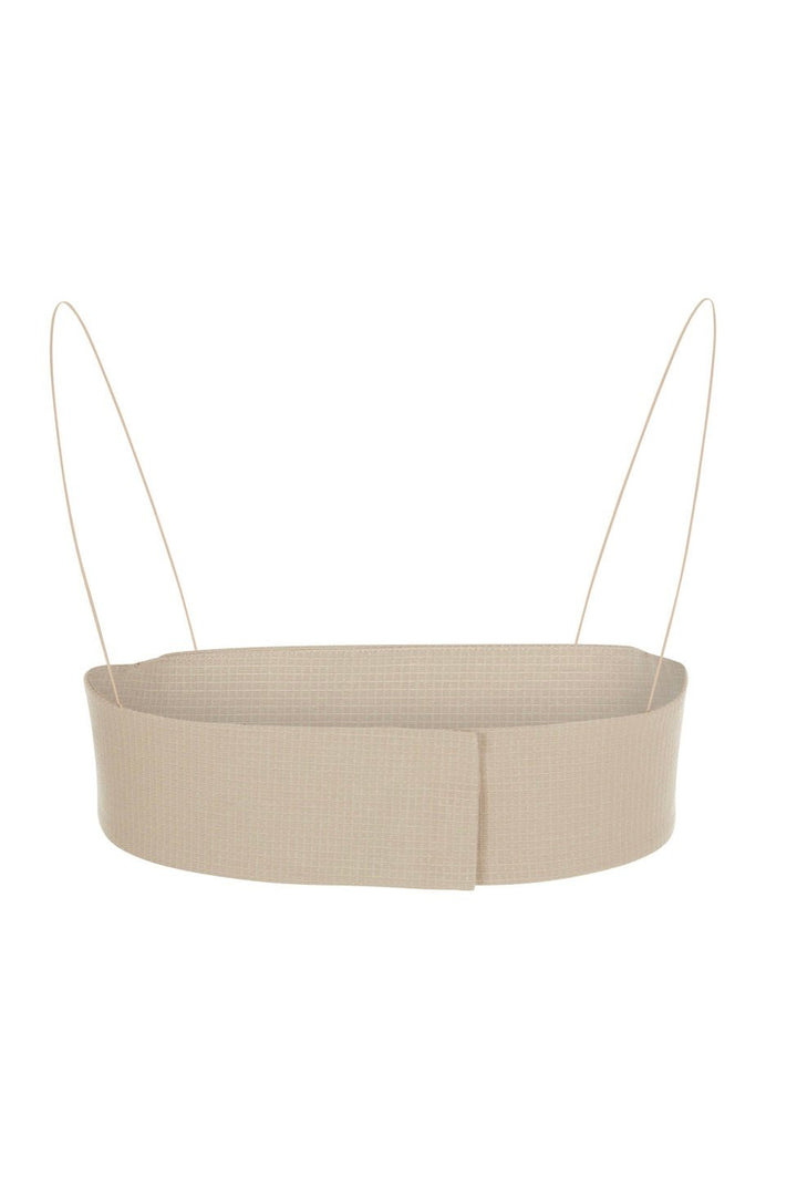 Back view khaki bandeau top with thin shoulder straps, displayed on a plain white background.