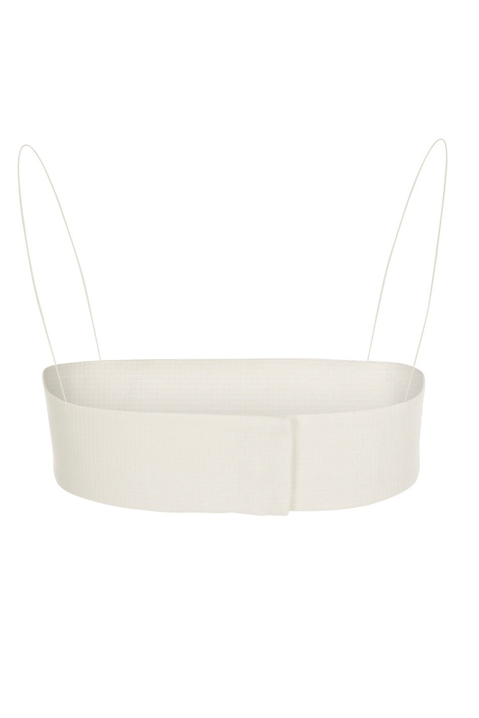 Back view of white bandeau top with thin spaghetti straps, set against a plain white background.