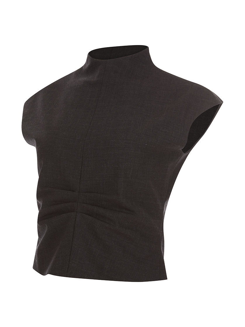 Charcoal sleeveless fitted top with a high neckline, displayed on a plain white background.