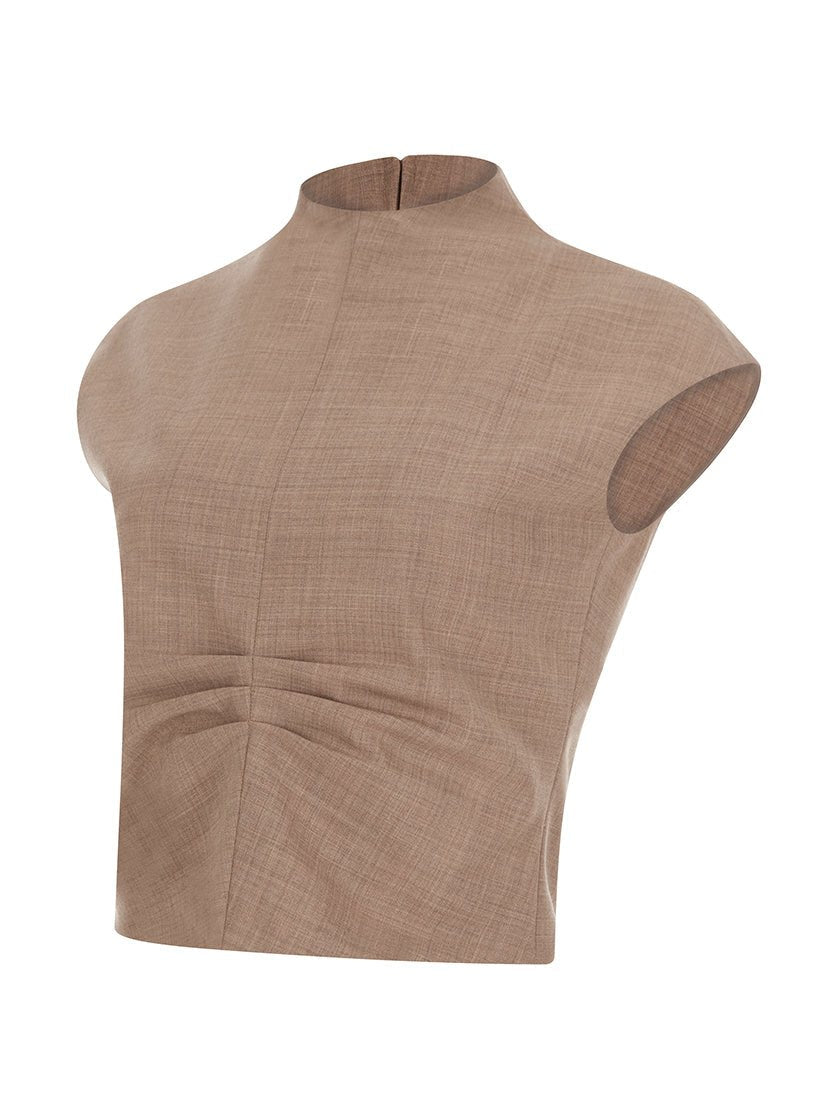 Side view of beige sleeveless high neck top with a structured fit, displayed on a white background. 