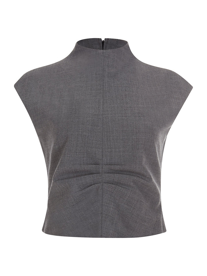 Front view of gray sleeveless turtleneck top with a fitted, structured design, displayed on a white background.