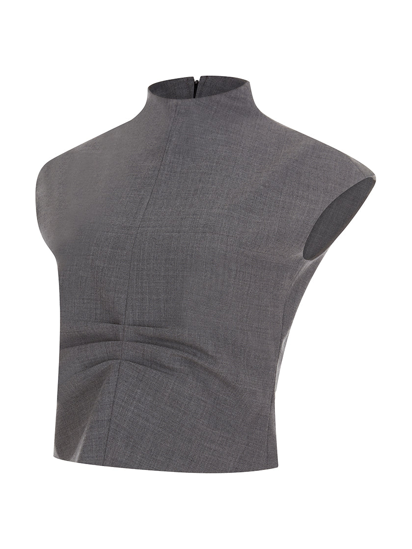 Gray sleeveless turtleneck top with a fitted, structured design, displayed on a white background.