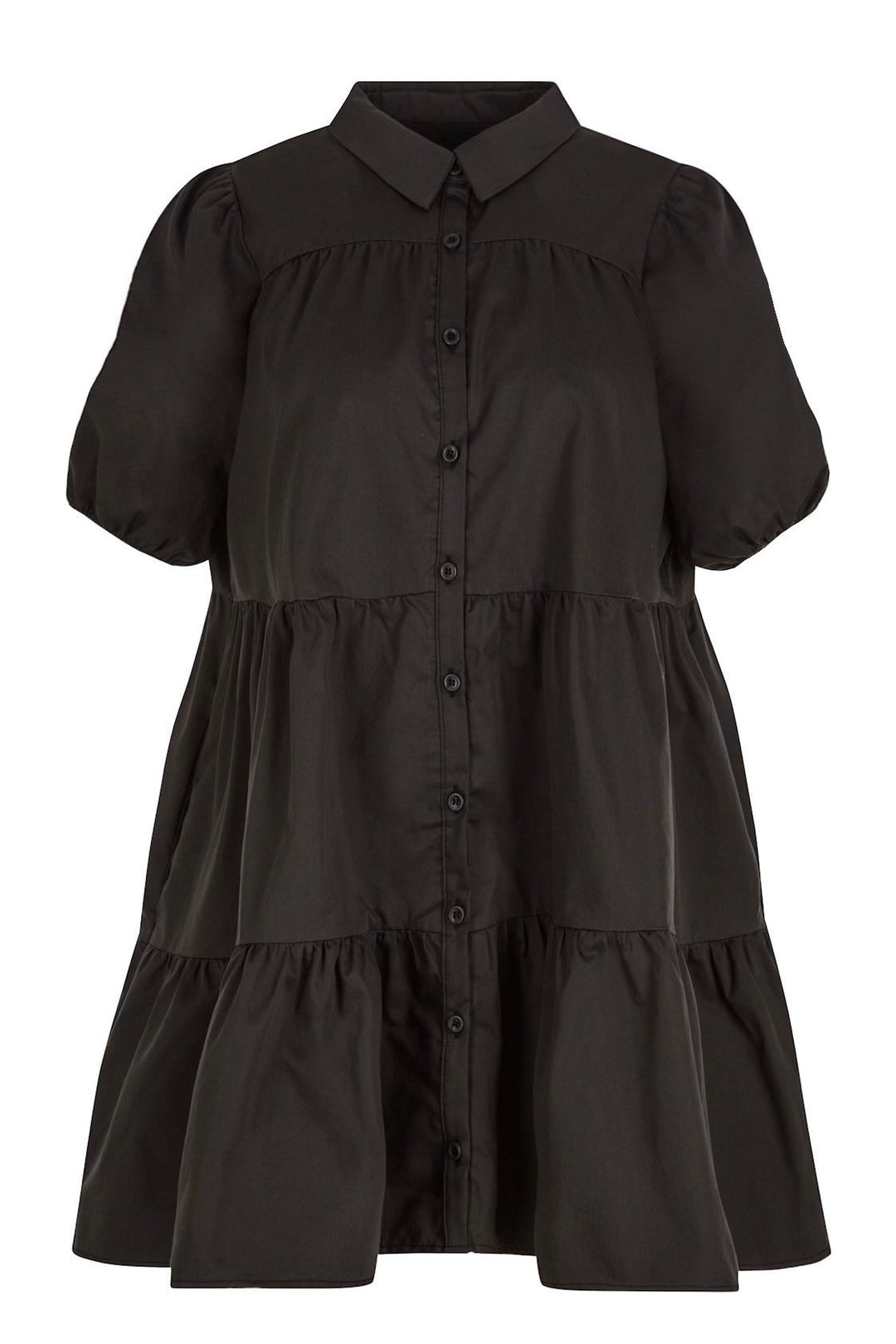 Front view of black short-sleeve dress with buttons down the front, a collar, and tiered ruffles, shown on a white background.