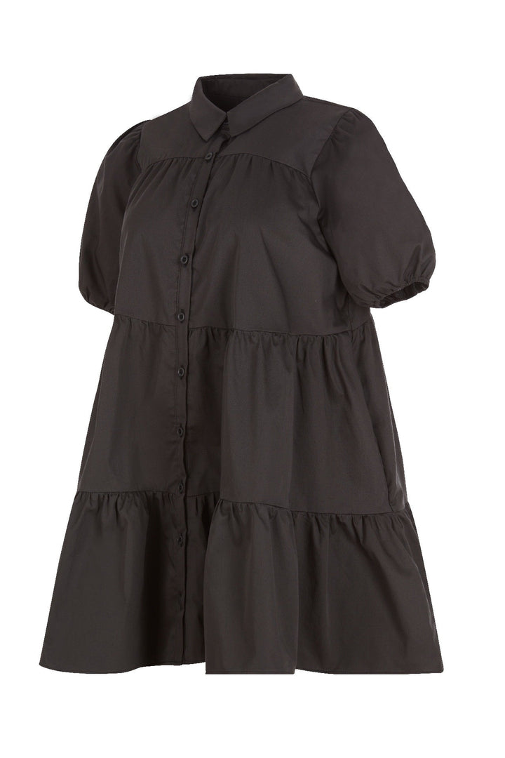 Black short-sleeve dress with buttons down the front, a collar, and tiered ruffles, shown on a white background.