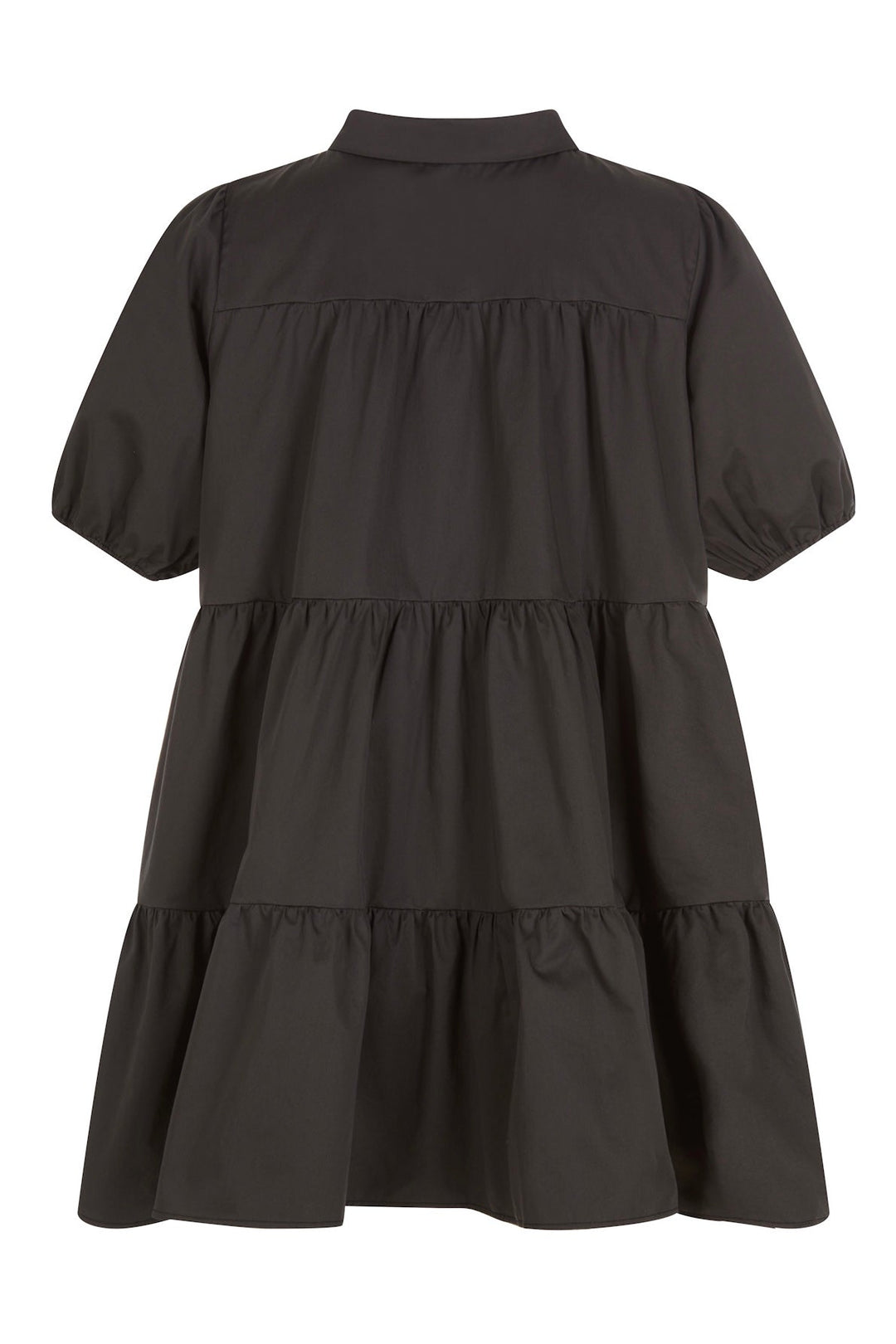 Back view of black short-sleeve dress with buttons down the front, a collar, and tiered ruffles, shown on a white background.