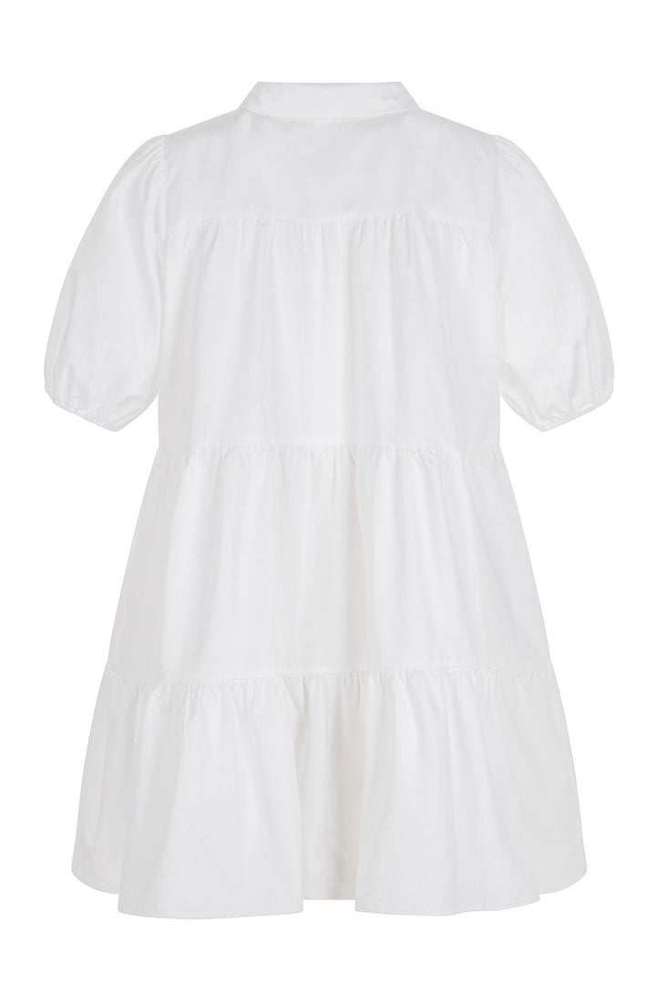 Back view of white short-sleeve dress featuring a line of buttons down the front. The dress is displayed against a plain background.