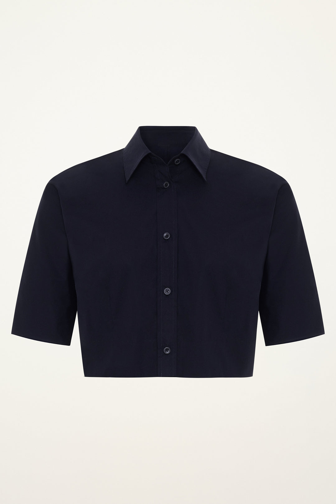 Navy blue short-sleeve button-down cropped shirt on a grey background