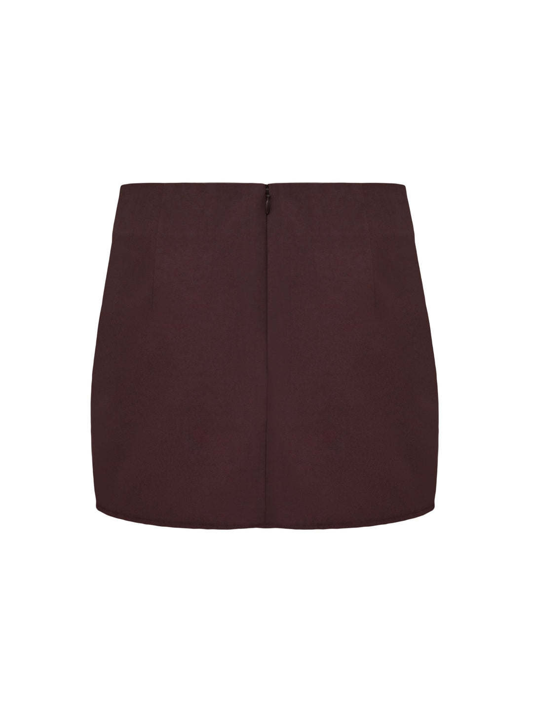 Brown faille mini skirt with an invisible back zipper on a grey background