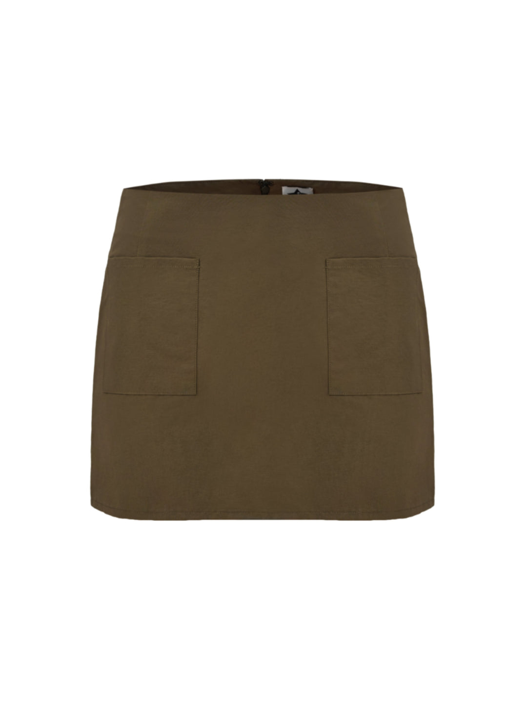 moss green skirt with two front pockets on a grey background