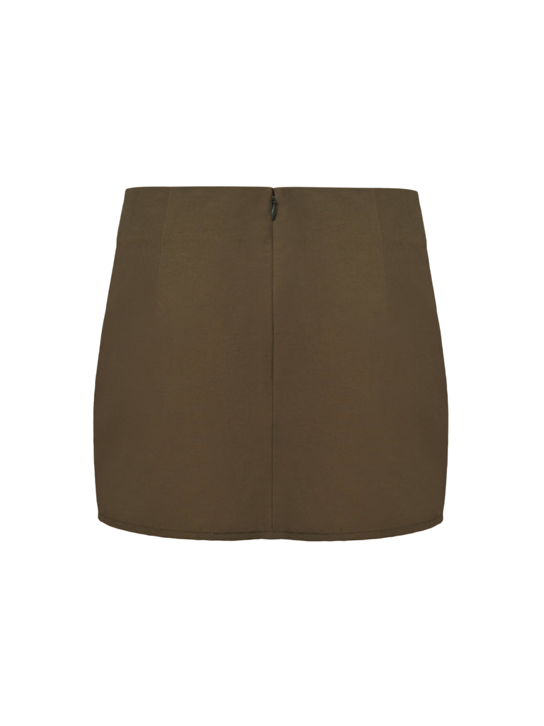 Moss green mini skirt with an invisible back zip on a grey background