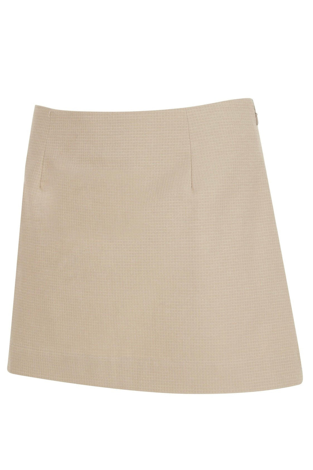 Side view of khaki mini skirt with a subtle textured pattern and a clean, straight cut. The skirt is shown against a plain background.