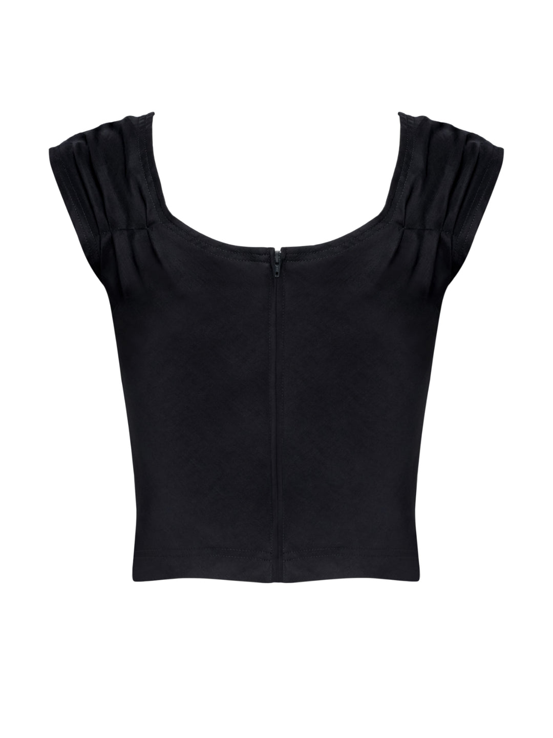 Black top with ruffled shoulders on a white background
