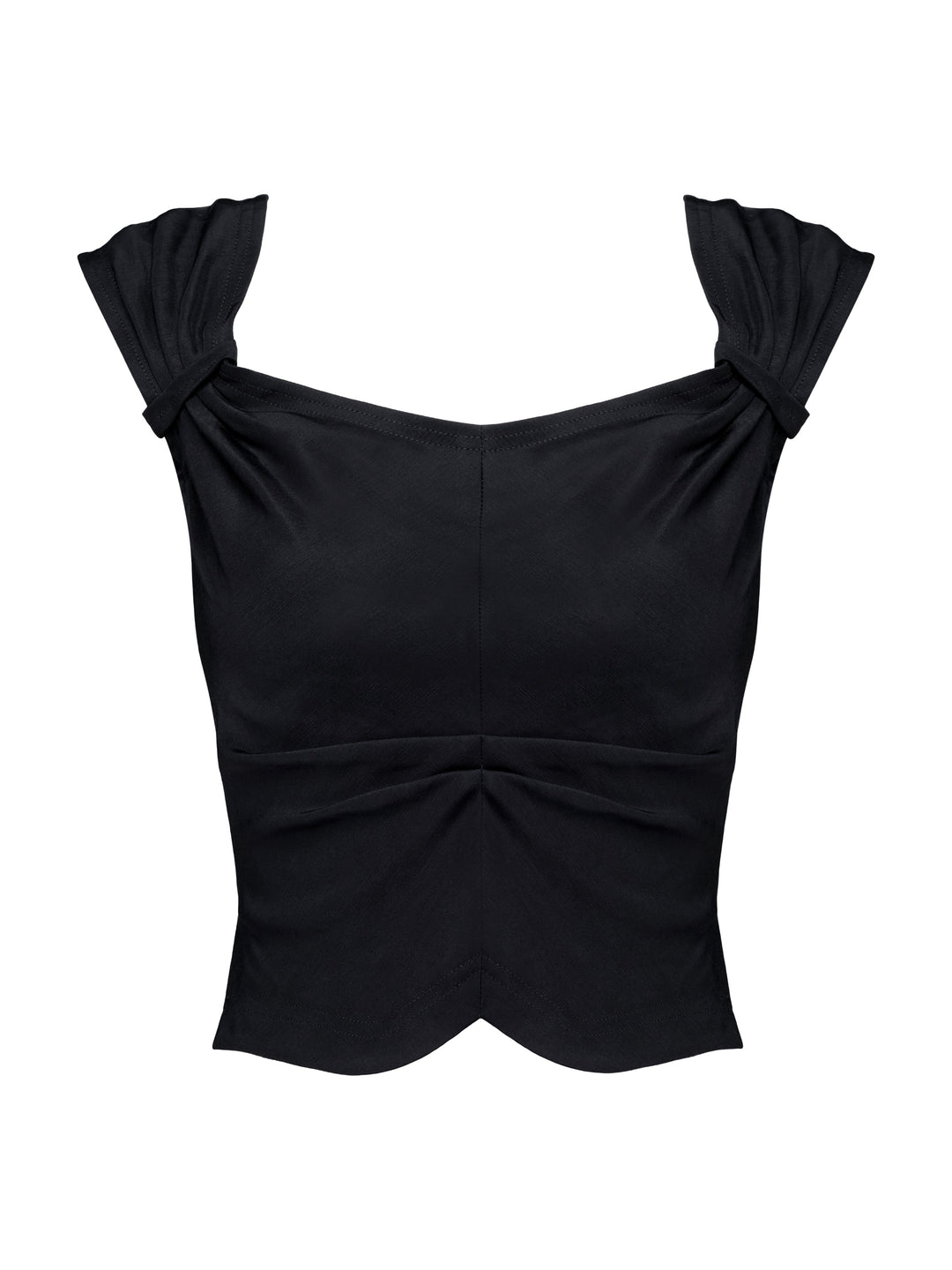 Black top with ruched shoulders on a grey background