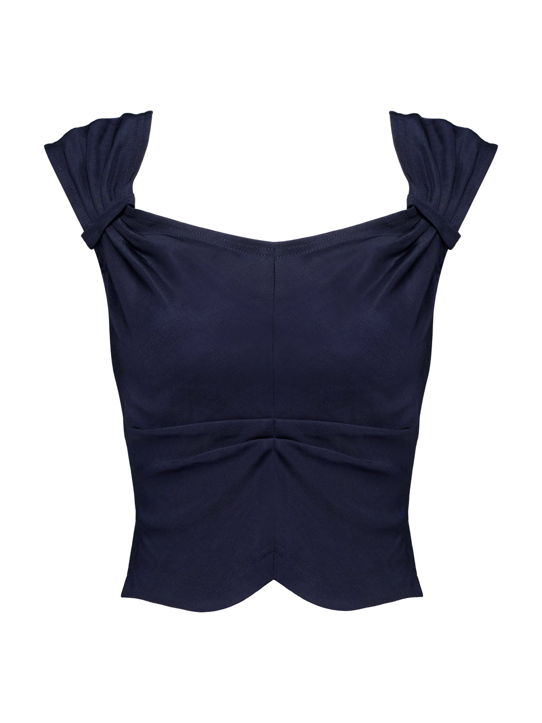 Navy blue top with ruched details on a grey background
