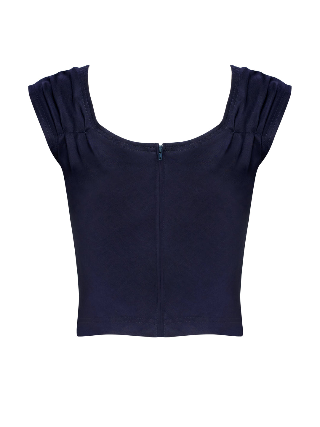 Navy blue top with ruffled shoulders on a grey background