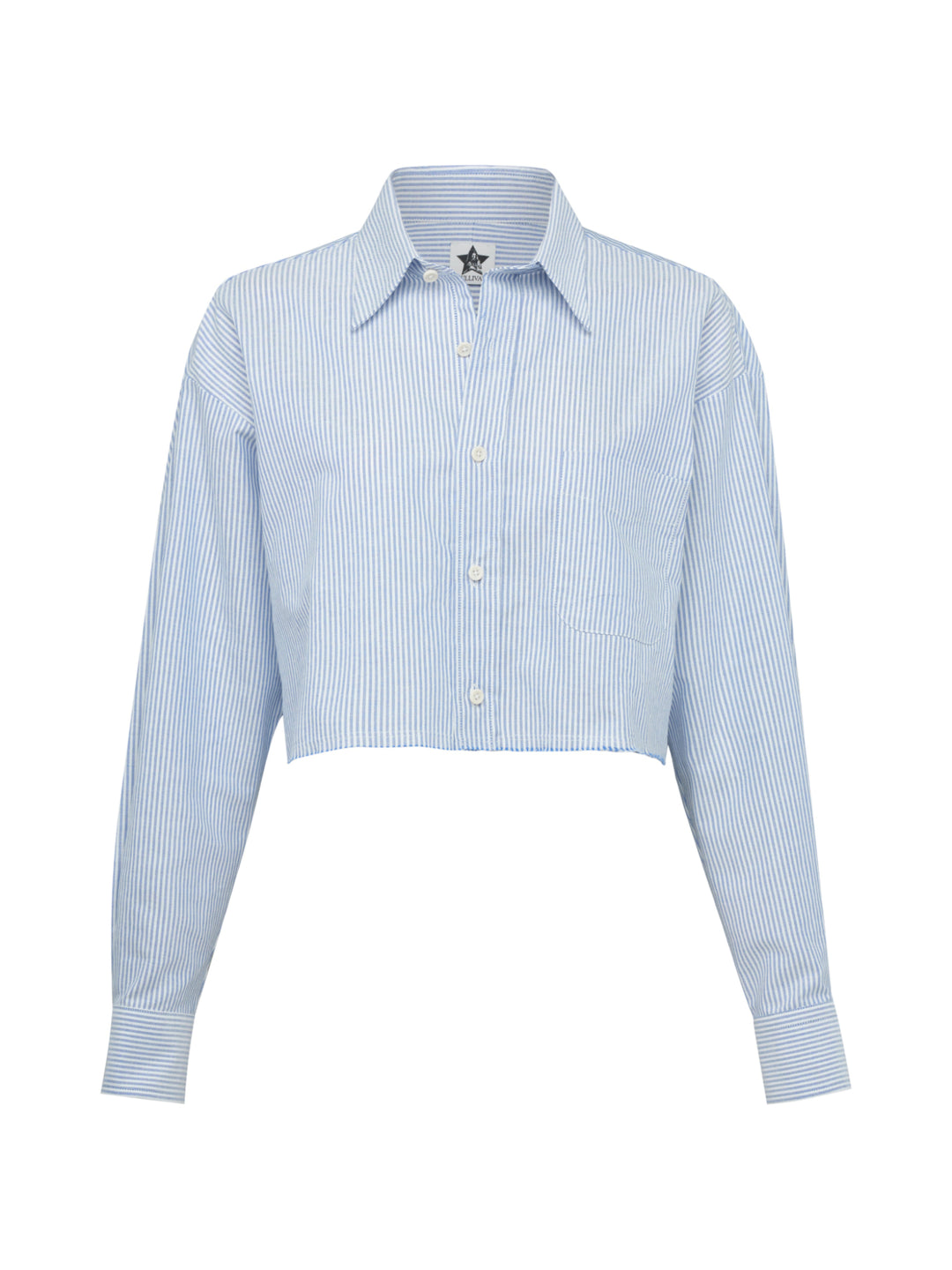 Light blue striped button down shirt with a cropped raw hem on a grey background