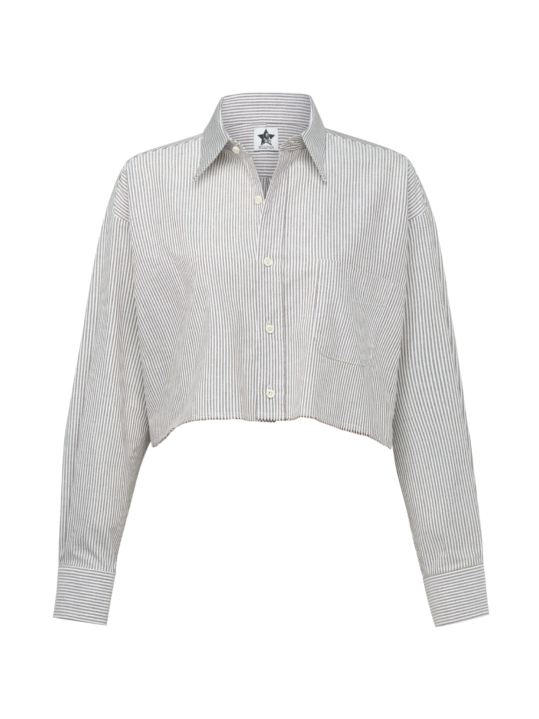 brown-grey striped button down shirt with a cropped raw hem on a grey background