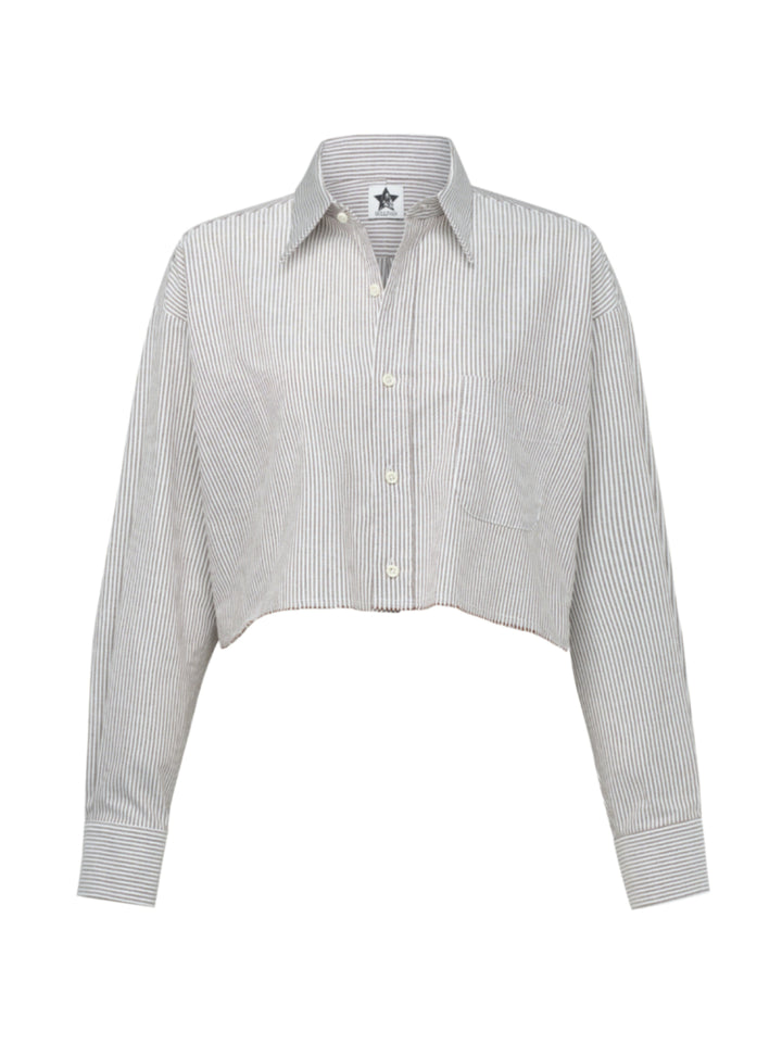 brown-grey striped button down shirt with a cropped raw hem on a grey background