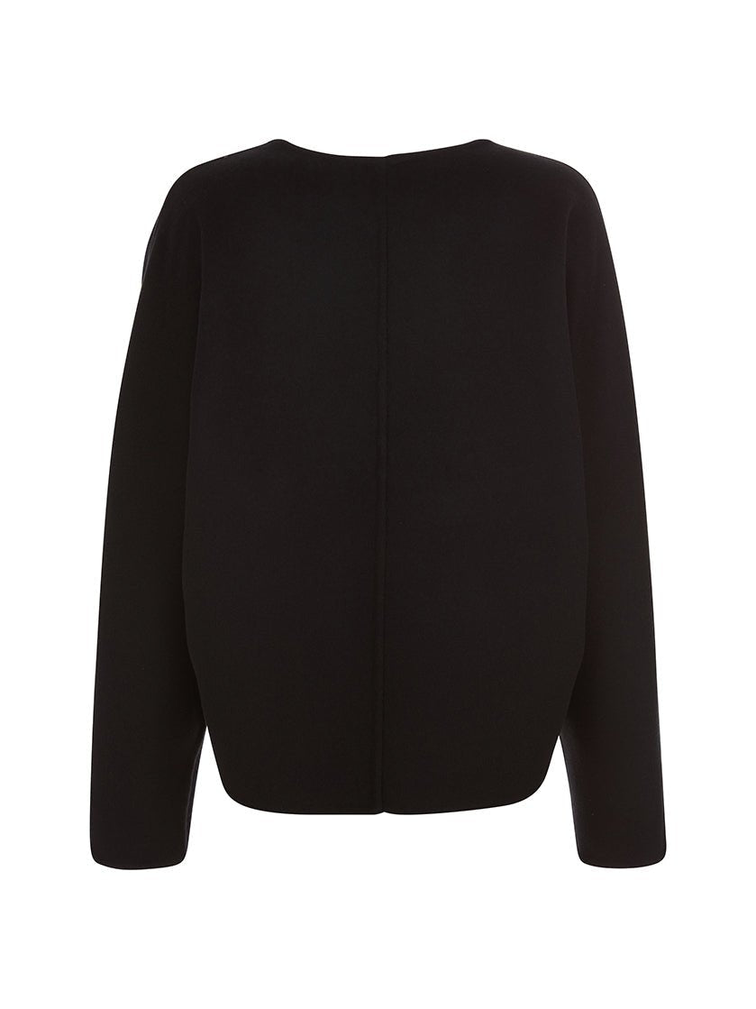Back view of black V-neck sweater with long sleeves. The sweater has a cropped fit and is displayed against a white background.