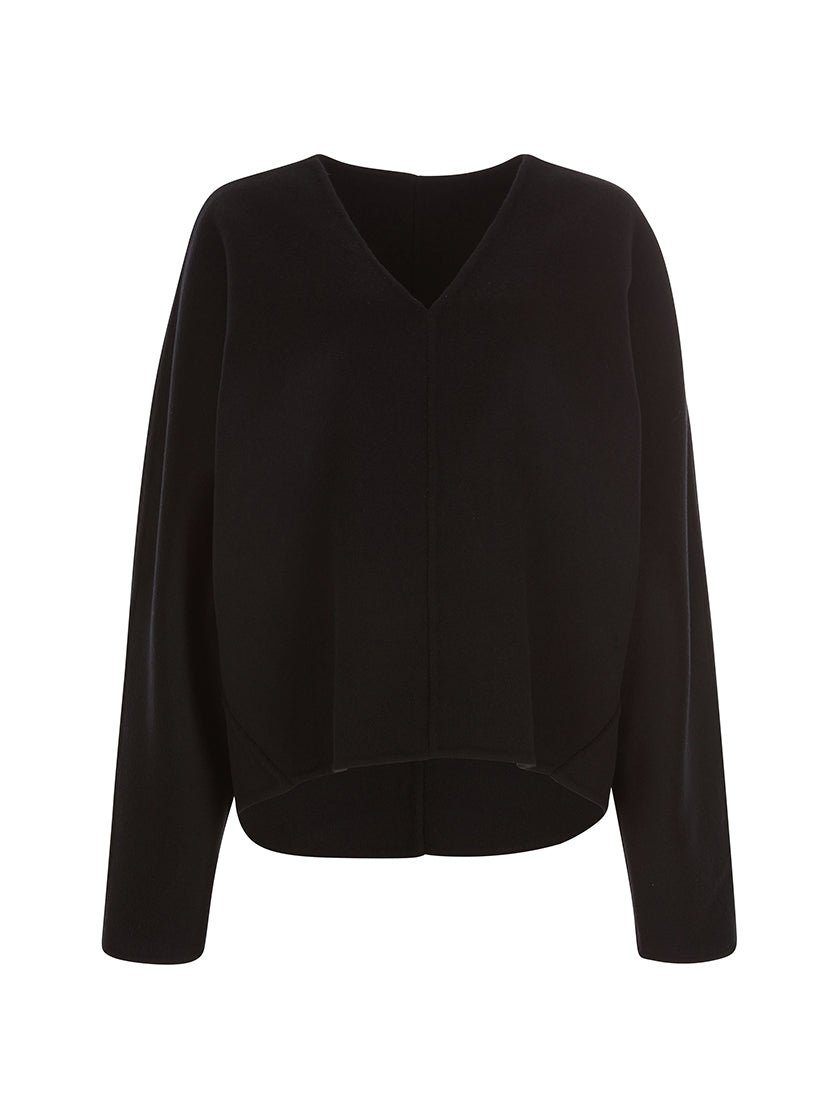 Black V-neck sweater with long sleeves. The sweater has an oversized fit and is displayed against a light grey background.