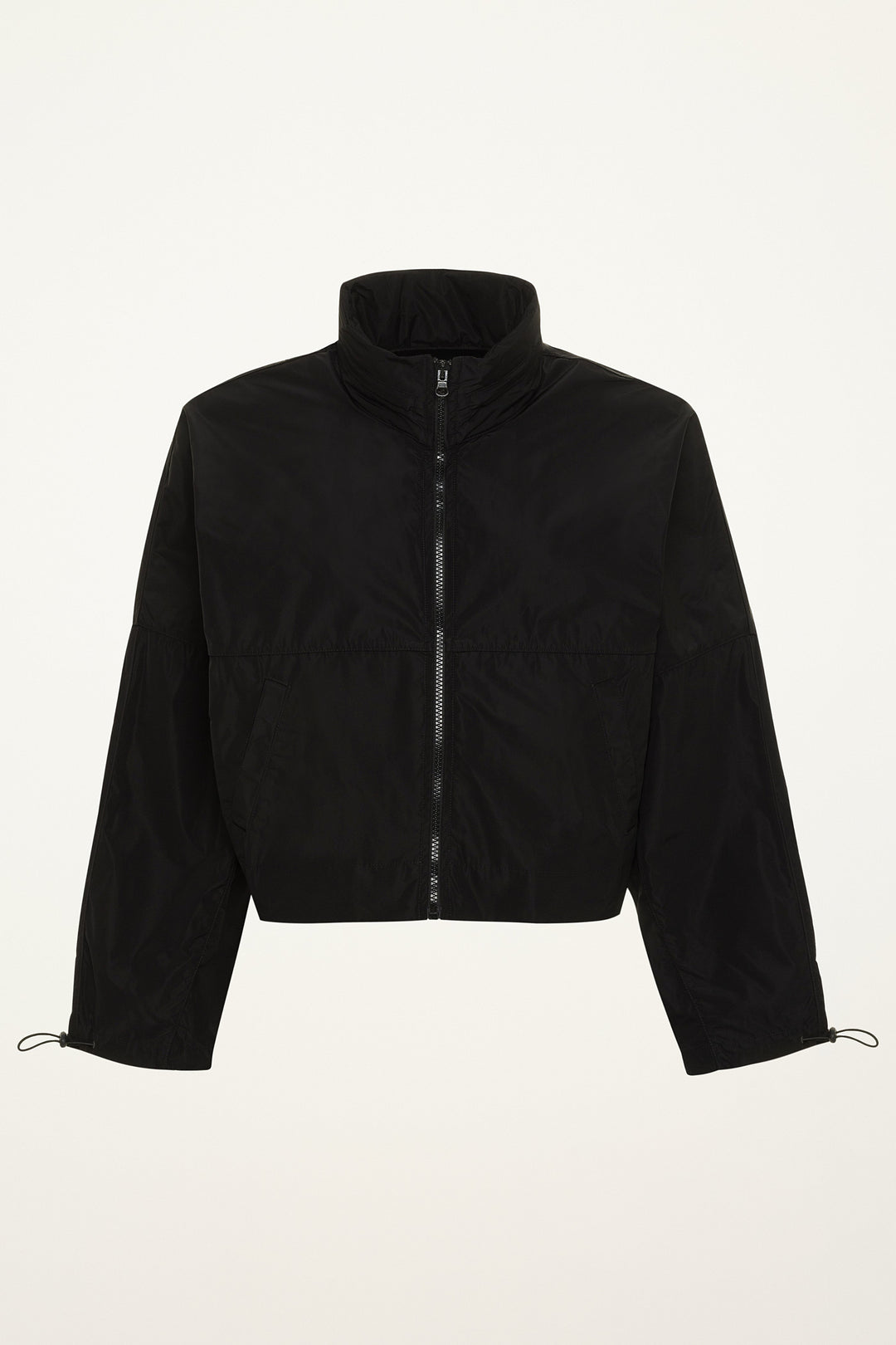 Black windbreaker rain jacket on a grey background