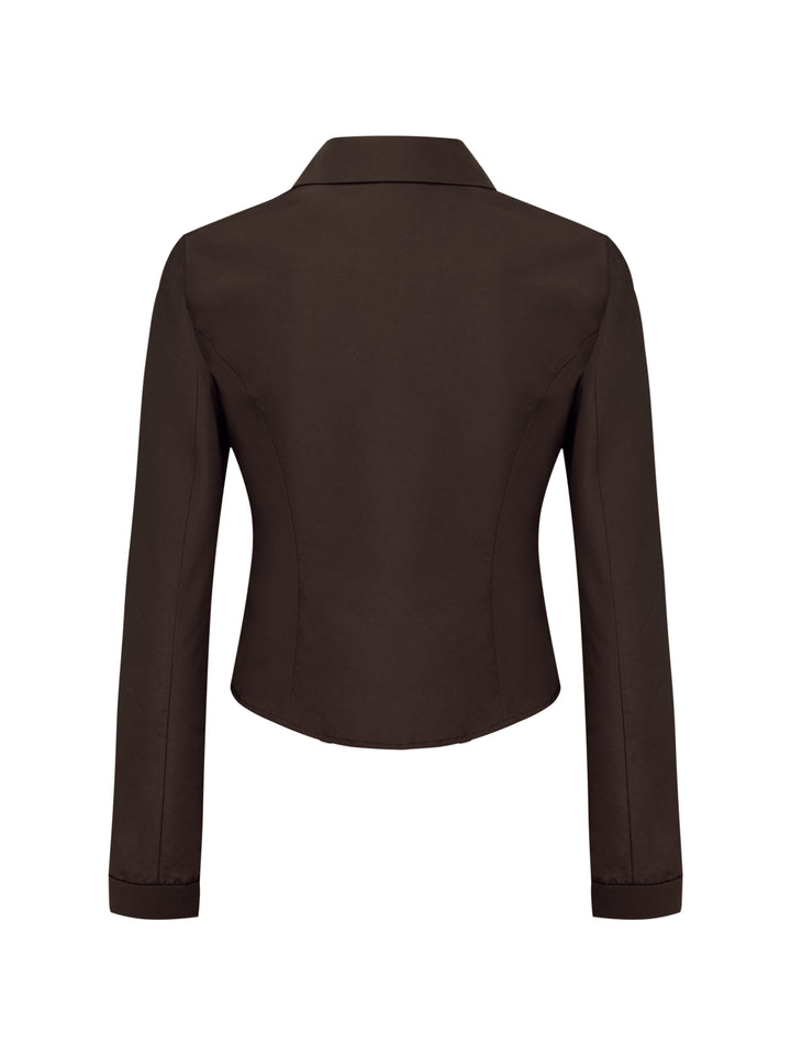 Brown faille collared jacket on a grey background