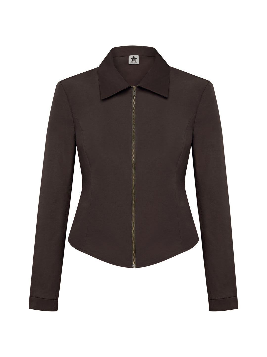 Brown cacao-eggplant color jacket with a collar and bronze front zipper on a grey background