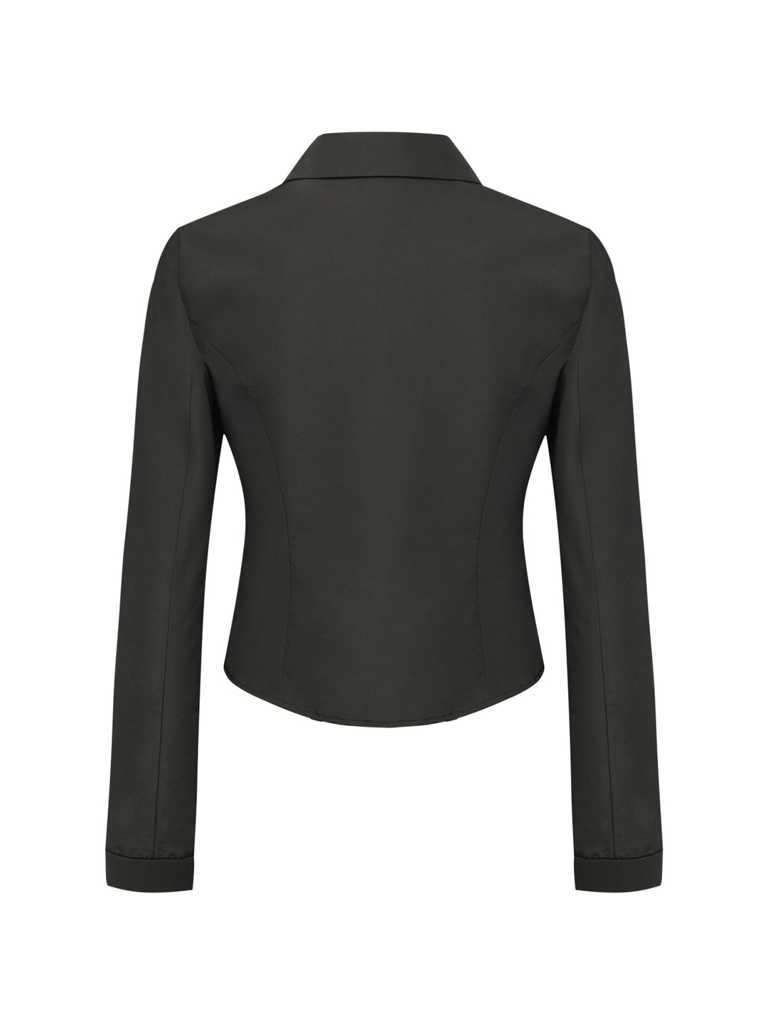 charcoal faille jacket with princess seams and a collar shown from the back on a white background