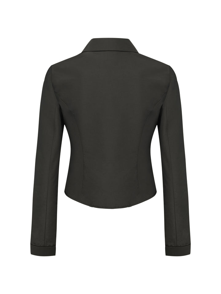 charcoal faille jacket with princess seams and a collar shown from the back on a white background